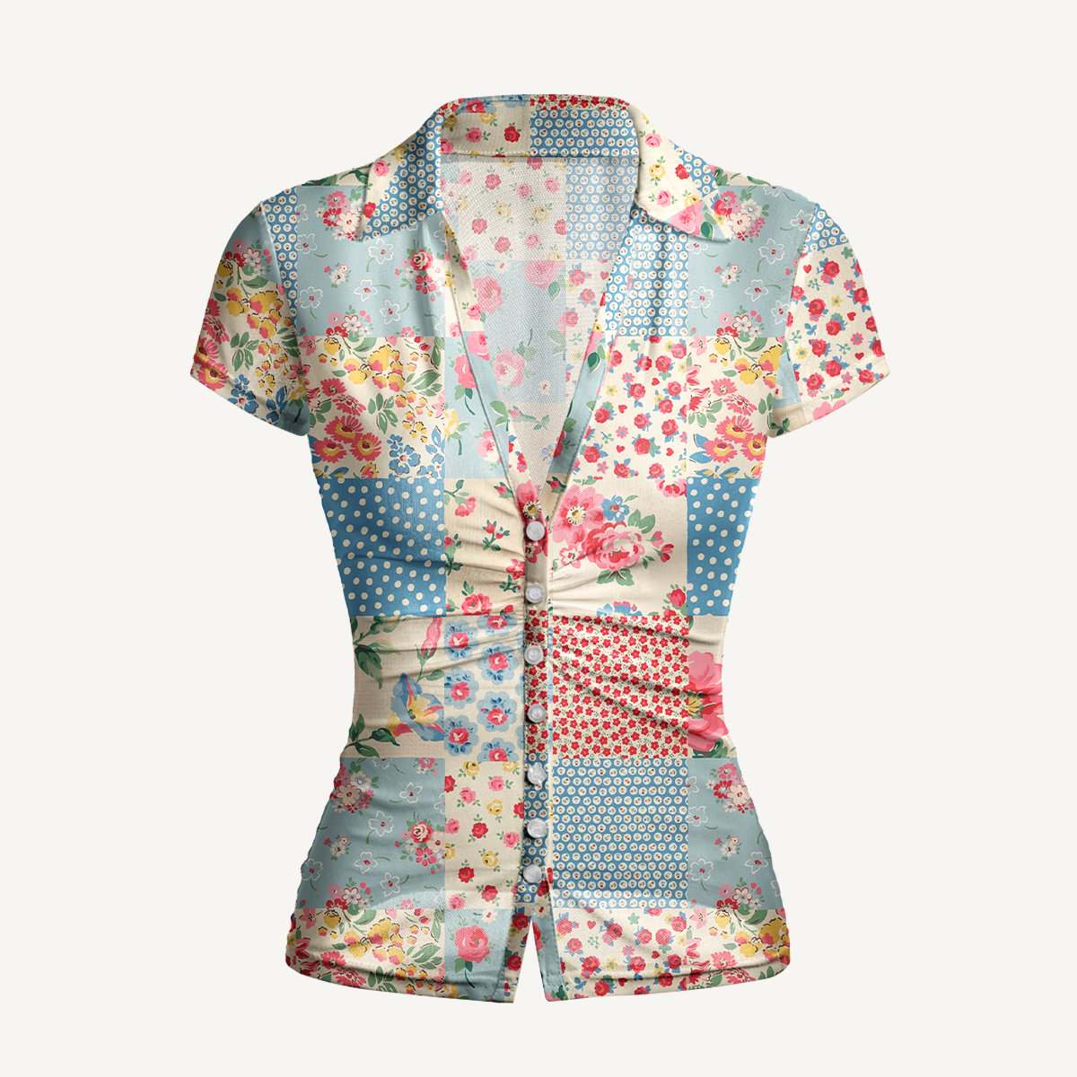 V-Neck Short Sleeve Pastel Patc Print Mesh Top