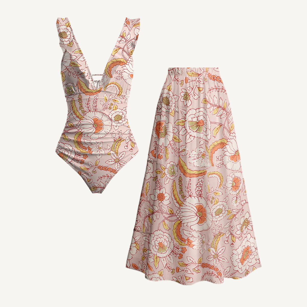 Dusty Bloom Whisper Ruffled V Neck One Piece Swimsuit and Matching Midi Skirt Set